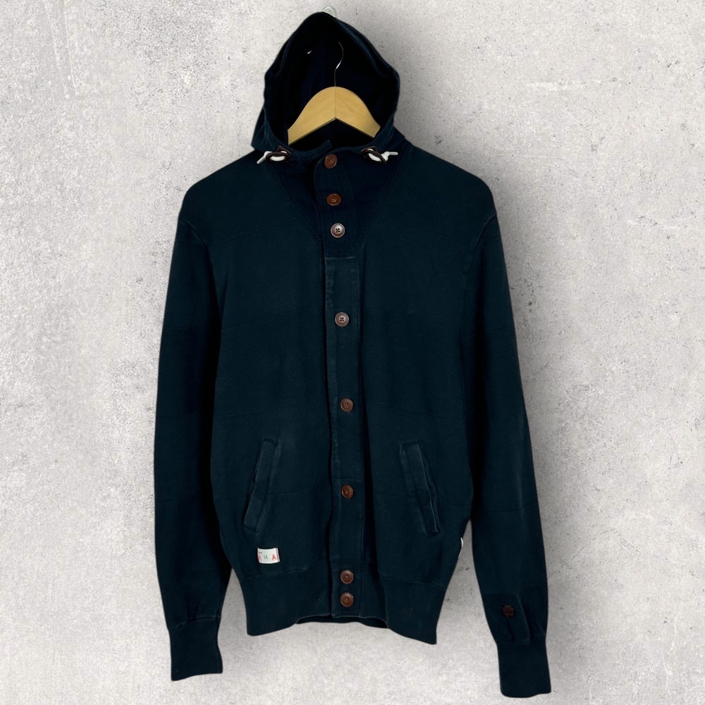 Vintage Marshall Artist Modern Tailoring Hoodie Button Front Mens Sz L Navy Blue